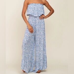 Pink Blush Light Blue Paisley Ruffle Strapless Jumpsuit